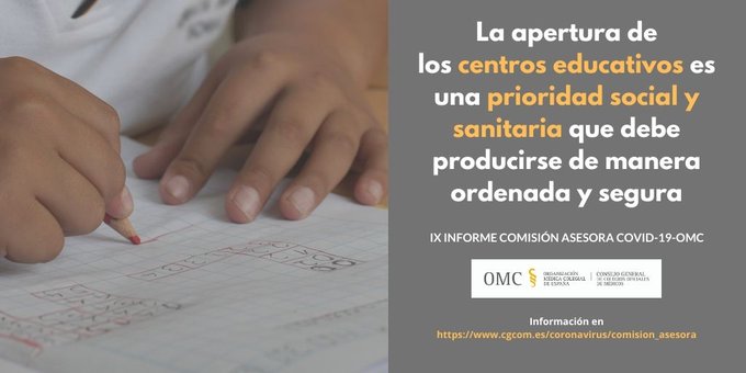 Comisión Asesora COVID-19-OMC: “La apertura de los centros educativos es una prioridad social y sanitaria. Debe producirse de manera ordenada y segura”.