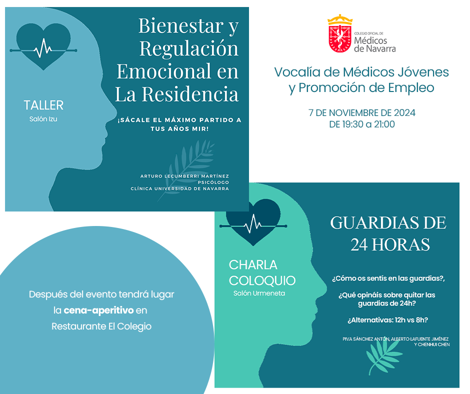 VOCALÍA DE MÉDICOS JÓVENES Y PROMOCIÓN DE EMPLEO: TALLER “BIENESTAR Y REGULACIÓN EMOCIONAL” Y CHARLA-COLOQUIO SOBRE “GUARDIAS DE 24 HORAS”. JUEVES, 7 DE NOVIEMBRE.